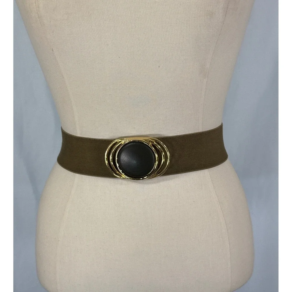Vintage Wide Elastic Cinch Belt Olive Brown Gold Black Buckle Retro 25